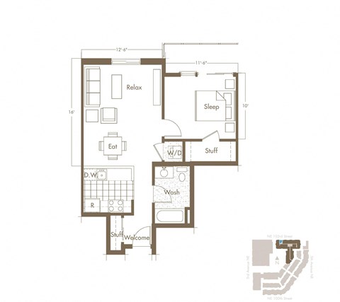Floor plan for 1 bed, 1 bath, 630 sqft